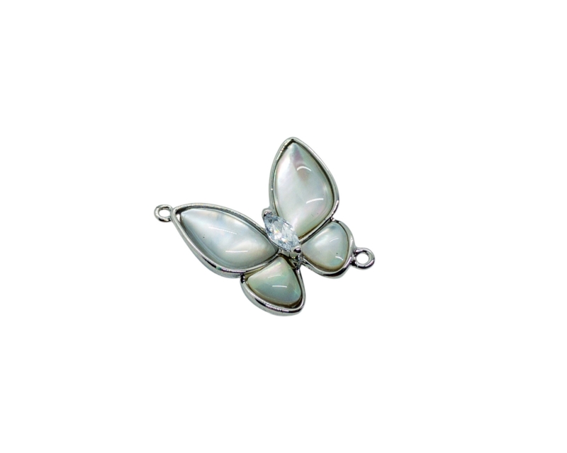 Коннектор бабочка с натуральным перламутром и фианитом  цвет серебро размер 17мм Серебро